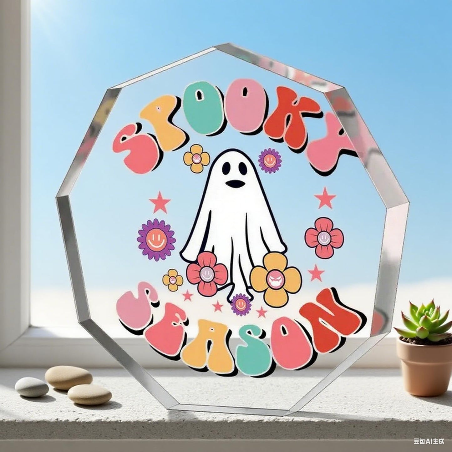 BHOOKA Cute Halloween Ornaments Clear Acrylic Enneagon Shaped Desk Sign Little Ghost & Flower Theme Plaque Happy Halloween Decorations for Holiday Party Home, Desktop Ornament Gifts