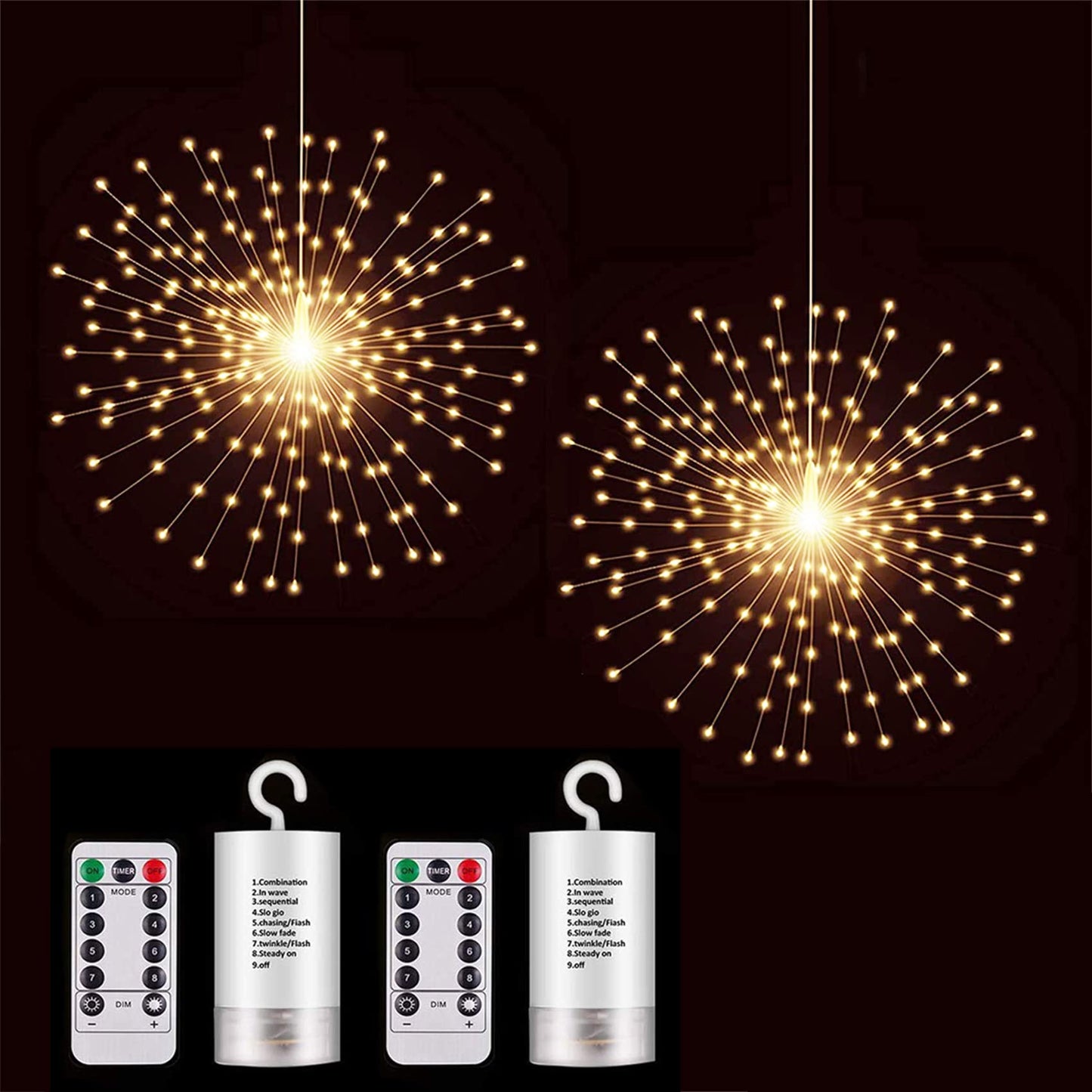 PXBNIUYA 2 Pack Starburst Sphere Lights,200 LLED Firework Lights, 8 Modes Dimmable Remote Control Waterproof Hanging Fairy Light, Copper Wire Light for Patio Parties Christmas (Battery Operated)