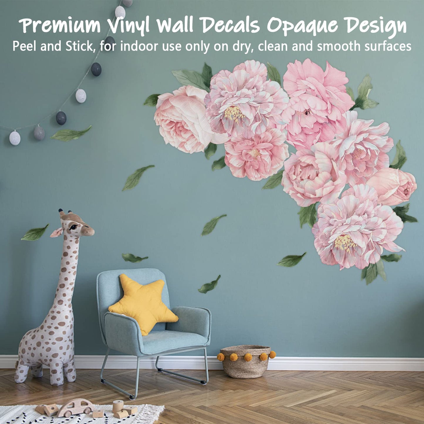 Pink Peony Wall Stickers for Nursery Wall Decor Flowers Wall Decals Peel and Stick Kids Floral Decals for Girls Bedroom Living Room Nursery Wall Decor