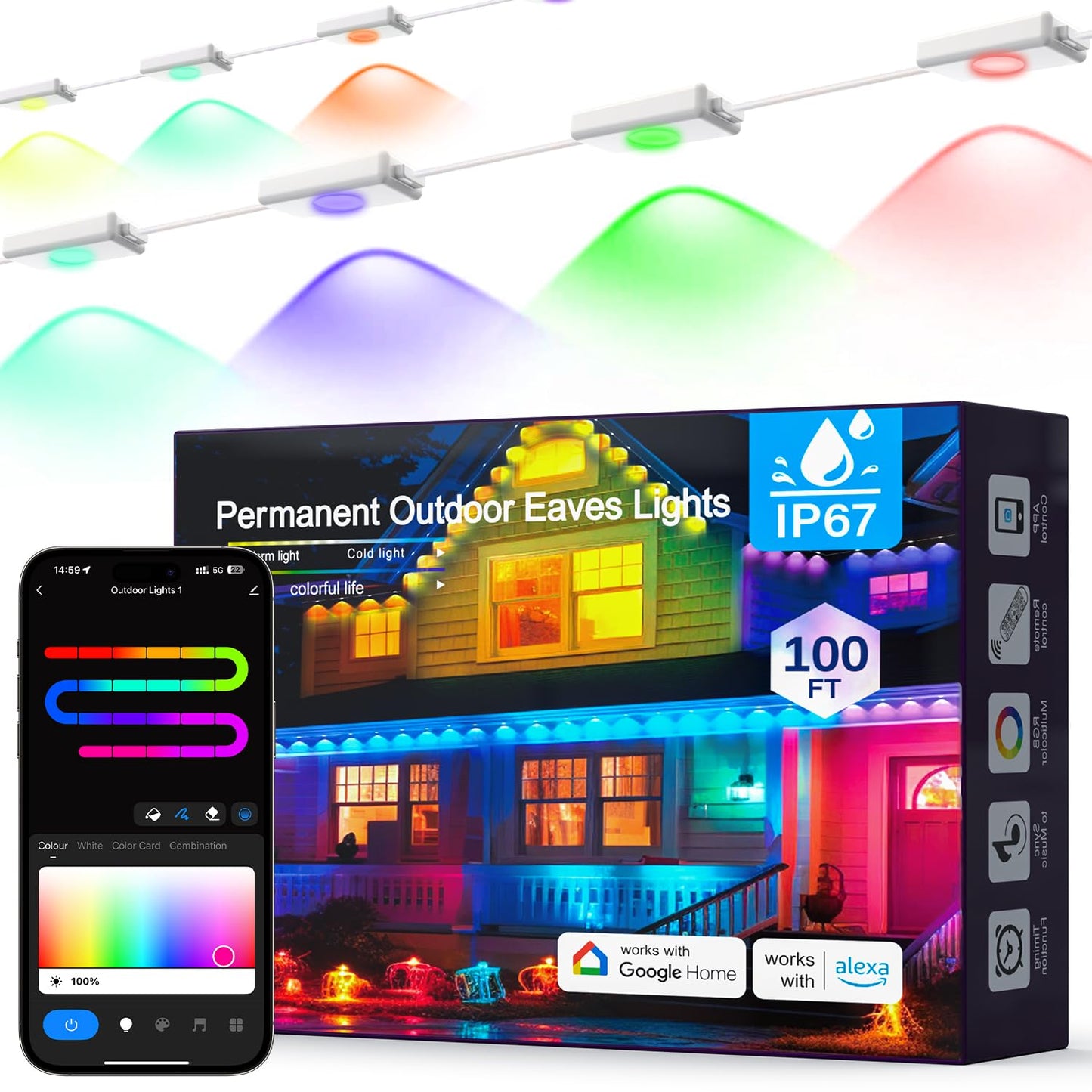YOUBST Permanent Outdoor Lights for House: 100FT 60LED Smart RGB Eave Light for Christmas Decor, Warm/Cool Lighting for Daily Decorations,IP67 Waterproof,Compatible with Alexa Google Assistant