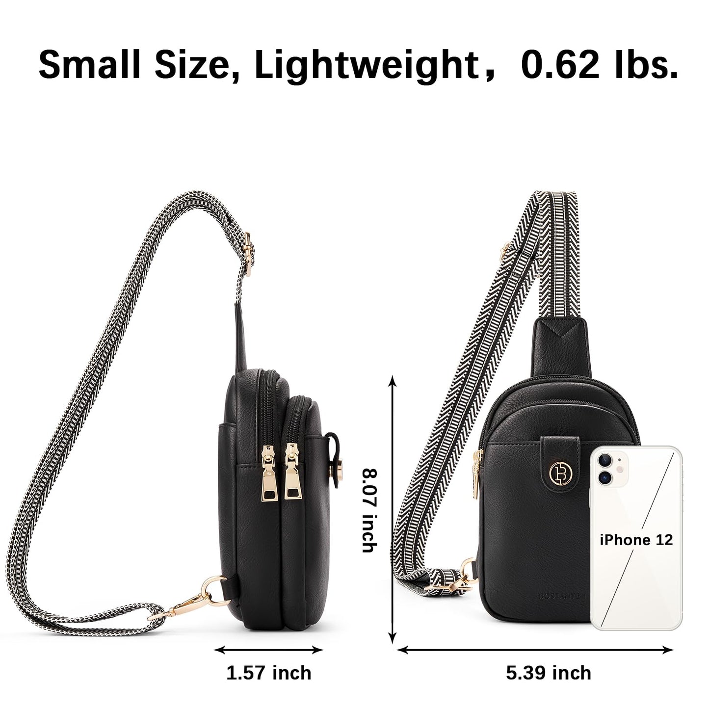 BOSTANTEN Small Sling Bag Crossbody Bags for Women Trendy Crossbody Purse Leather Chest Bag, Deep Black