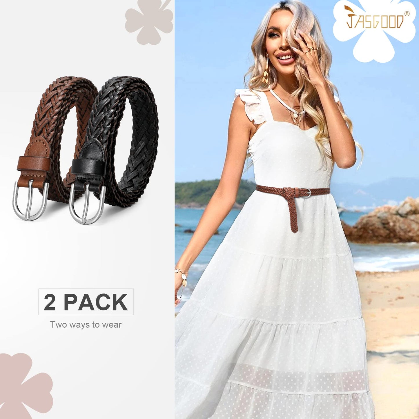 JASGOOD 2 Pack Women Skinny Leather Belts Thin Braided Leather Belts Casual Woven Waist Belt for Jeans Pants Dresses