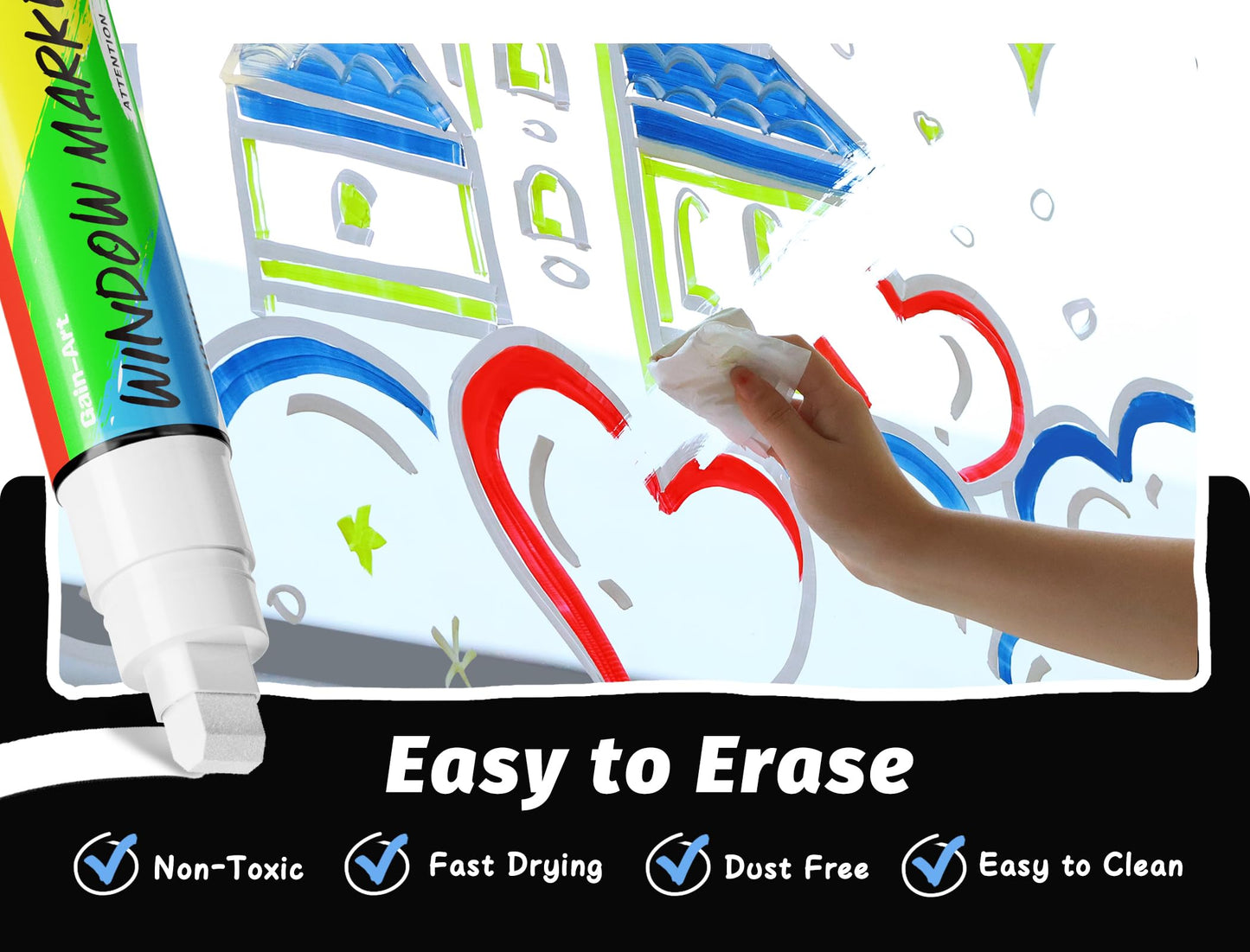 Gain-Art Car Window Markers for Glass Washable, 8 Jumbo Liquid Chalk Pens with 10mm Wide Tips & 3 in 1 Nib, Window Paint for Glass, Chalkboard, Menu Board, Restaurant, Bistro, Grocery Store