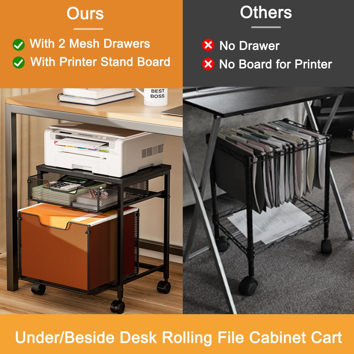 Rolling File Cabinet Cart, Printer Stand with Storage Drawer, Mobile Filing Cabinet on Lockable Wheel, Printer Cart with Hanging File Folder Organizer Beside Under Desk for Office Home(Patent Pending)