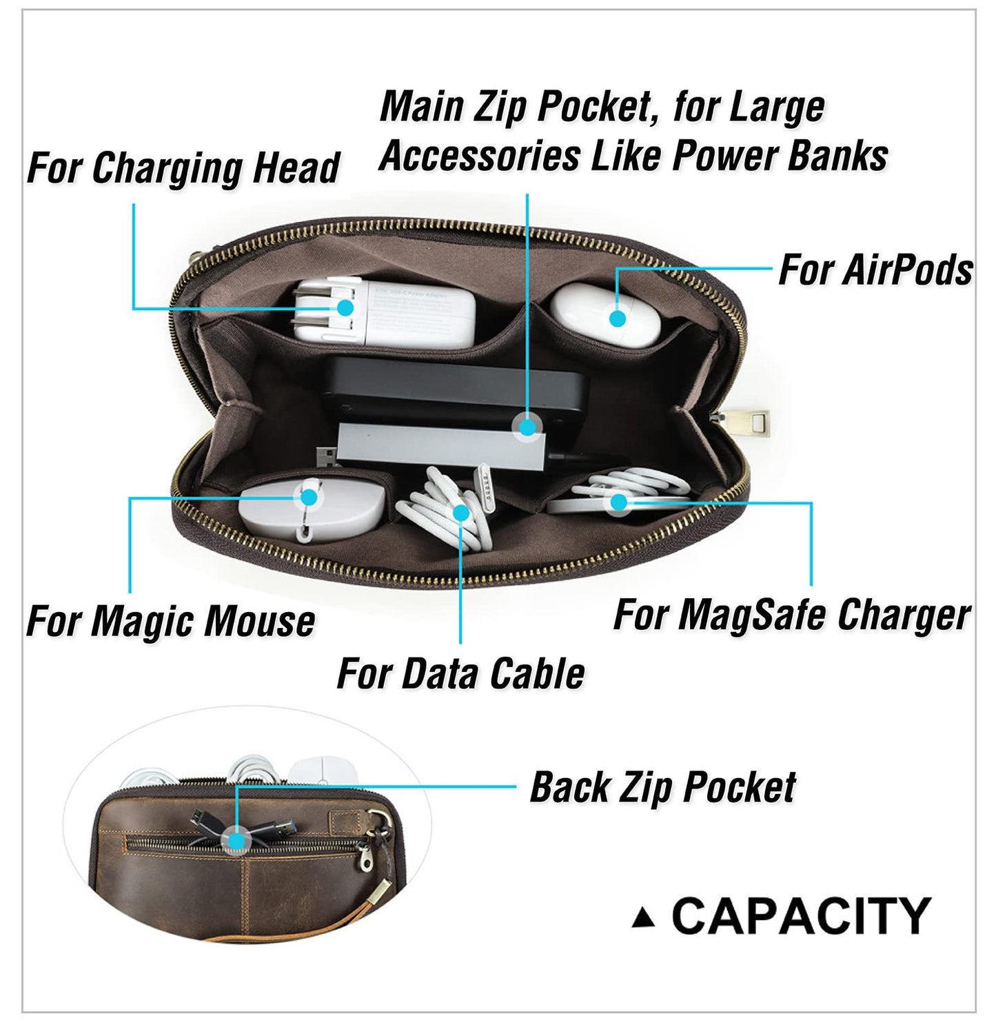 CataPurus Electronic Organizer Zipper Bag Tech Pouch, Top Grain Leather Handmade, Portable Compact Travel Storage Cases Fits Apple Accessories, Phone, USB Cables, Power Banks, Chargers, Hard Drive