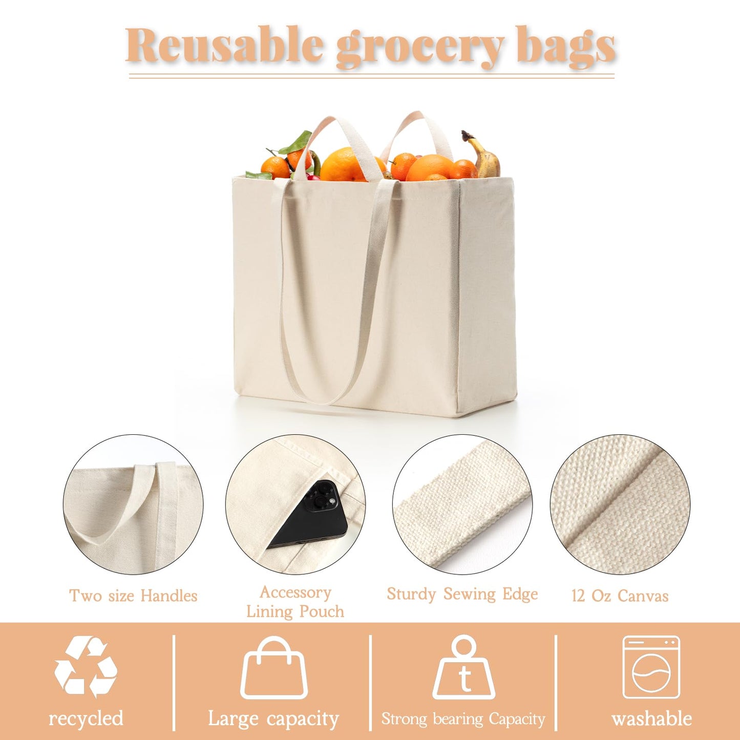 LINICE Canvas Tote Bag Reusable Grocery Bags with Long Shoulder Strap and Short Handle Foldable Heavy Duty Washable (3 Pack)