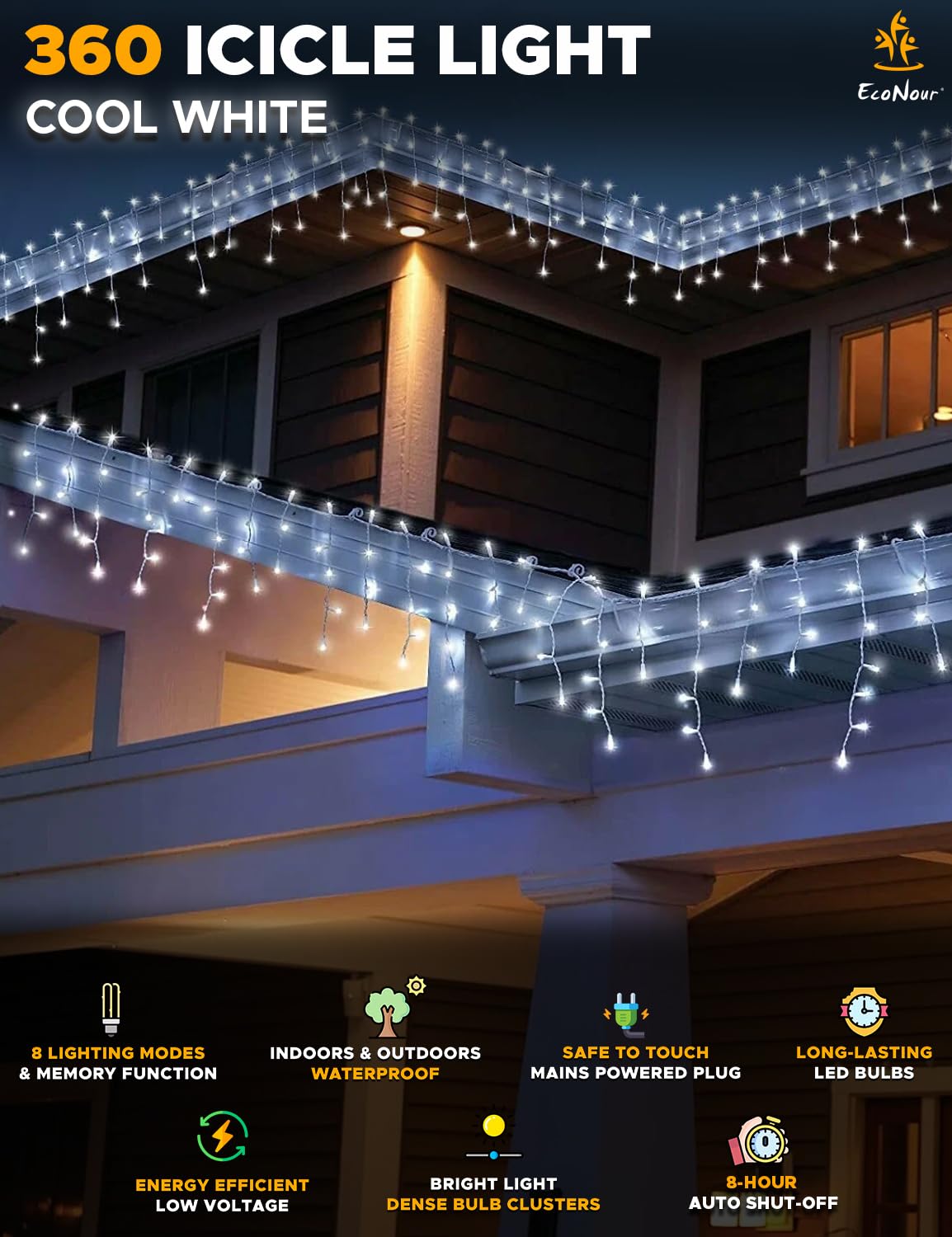 EcoNour Cool White Easter Icicle Lights for Outside, 32.8 FT 360LED Outdoor Icicle Lights with 8 Mode, 8HR Timer, Memory Function, Clear Wire connectable, Plug in Fairy Lights for Roofline, Party