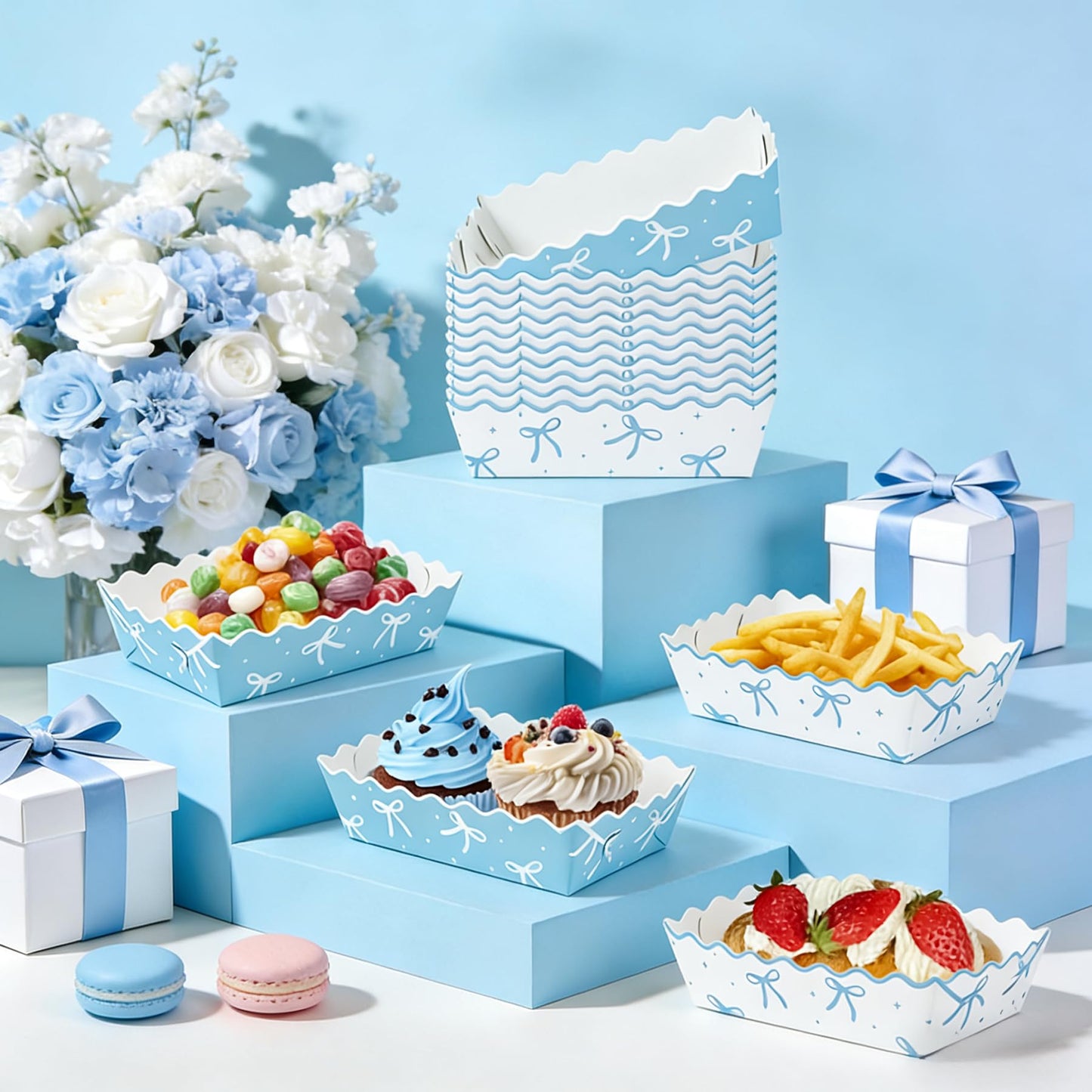 100 Pcs Blue Bow Paper Food Trays Blue Coquette Cookie Tray for Gift Giving Scalloped Food Serving Boat Disposable Trays for Serving Snack Bridesmaids Wedding Party Favors