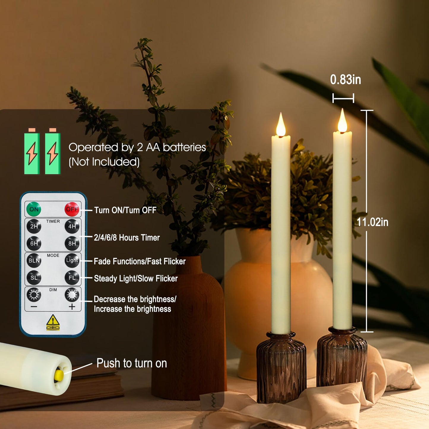 FREEPOWER 11 Inch Flameless Taper Candles with Remote,Battery Powered Candlesticks Realistic Flickering,Ivory Led Candlestick with 3D Wick for Christmas Home Wedding Decor (Pack of 6)
