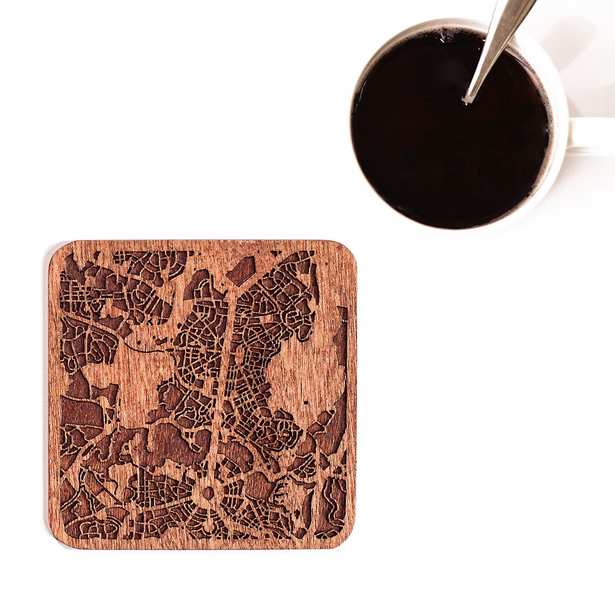 Canberra Map Coaster by O3 Design Studio, Set Of 4, Sapele Wooden Coaster With City Map, Handmade