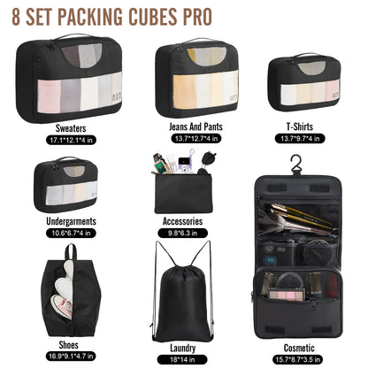 Veken 8 Set Packing Cubes for Travel Essentials, Suitcase Organizer Bags Set for Luggage, Road Trip Travel Accessories in 4 Sizes (Extra Large, Large, Medium, Small), Black