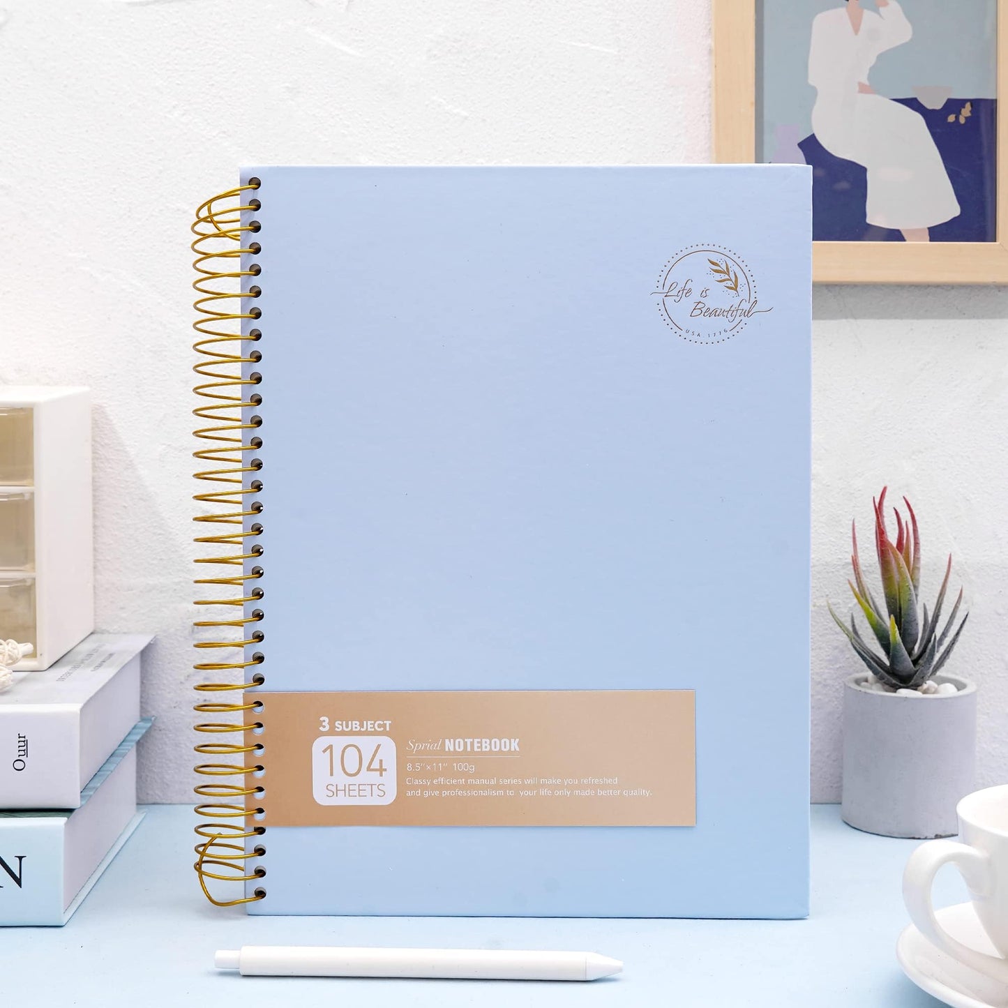 FLYING EAGLE 3 Subject Spiral Notebook Large Spiral Notebook 8.5 X 11, Blue Journal for Women Men, 100 GSM Thick Paper 104 Sheets, Hardcover Notebook for Work, School, Writing, Note Taking Blue
