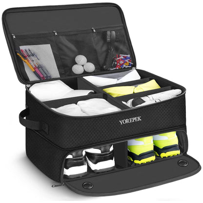 YOREPEK Large 2 Layer Golf Trunk Organizer for 2 Size 14 Pair Shoes, Water Resistant Car Trunk Locker with Separate Ventilated Compartment, Golfing Gear Storage for Men, Unique Golf Gifts, BLACK