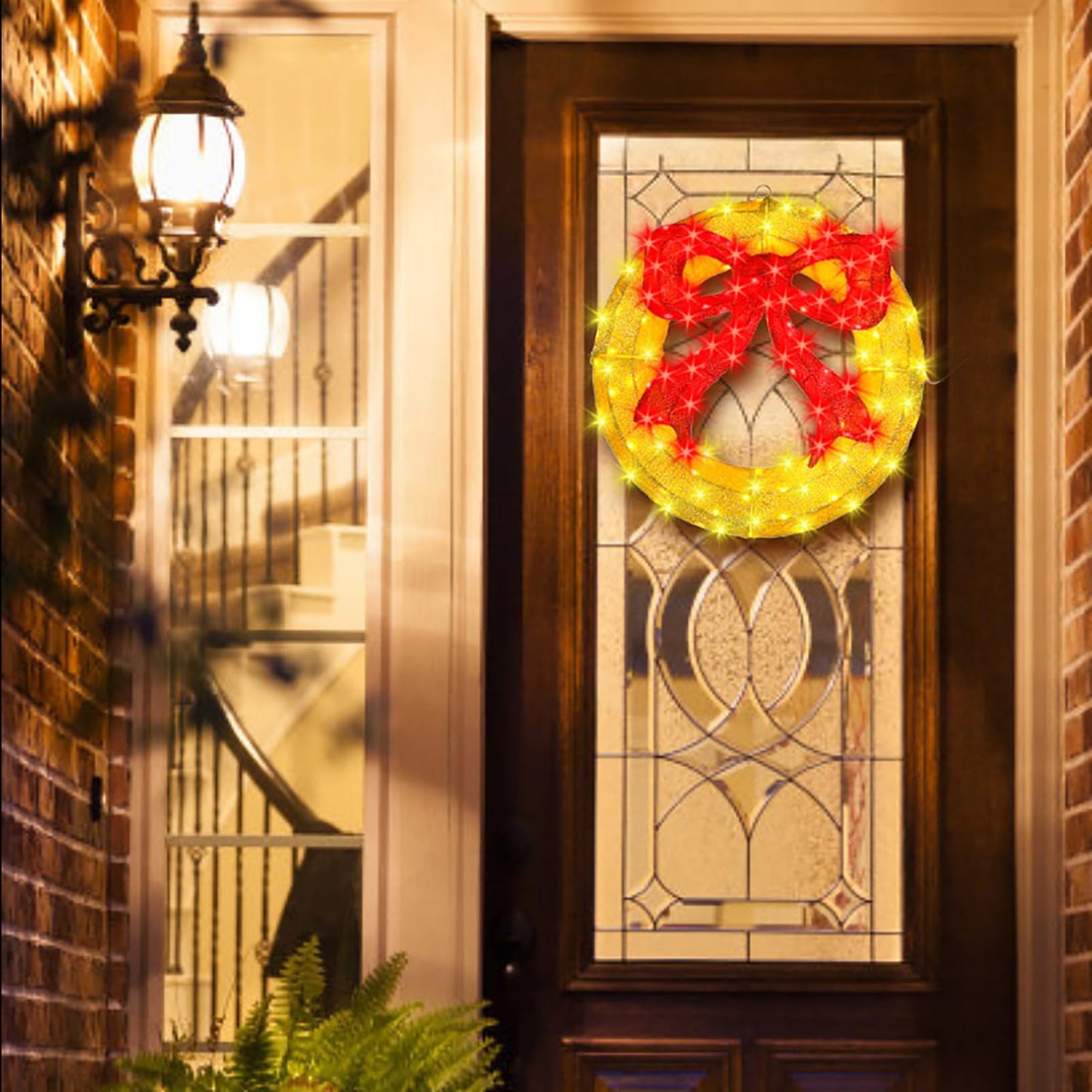 Outdoor Christmas Wreath Decoration - 24" Bright LED Christmas Wreath Lights with Bow, Large Lighted Christmas Wreaths Window Lights for Wall, Windows, Front Door Decor, Red Bow - Gold Wreath