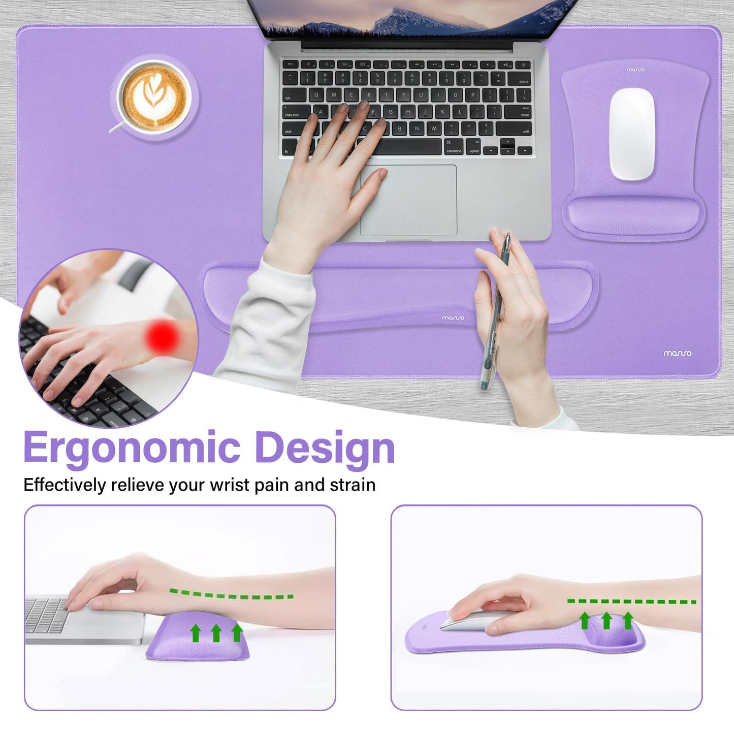 MOSISO Keyboard Mouse Pad Set, Large Gaming Mousepad&Keyboard Wrist Rest&Mouse Wrist Rest&Coaster, Ergonomic Non-Slip Mousepad&Easy Typing Cushion with Memory Foam for Home Office, Purple