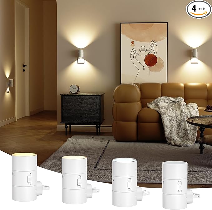 Night Lights Plug Into Wall,Dimmable LED Nightlight with Dusk to Dawn Sensor,0-100LM Adjustable Brightness,3 Color Temperatures,Night Light for Hallway Bathroom Stair Bedroom,White,4 Pack