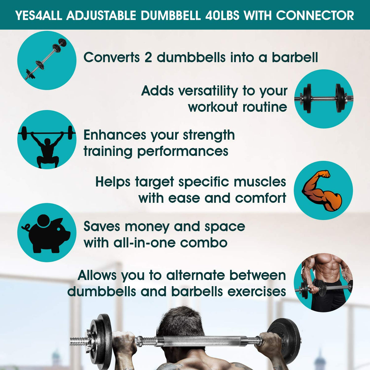 Yes4All Dumbbell Adjustable - 40lbs + Connector