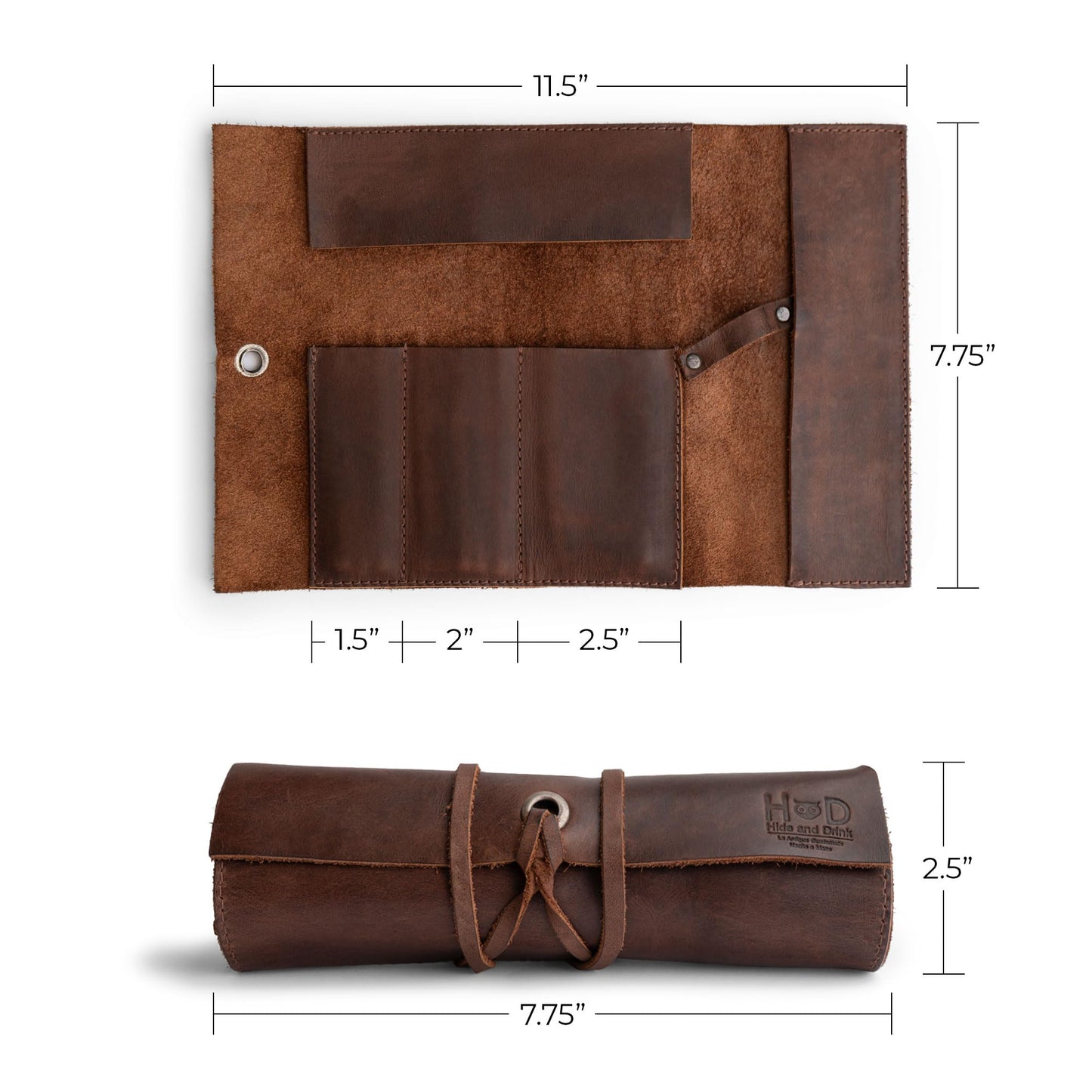 Hide & Drink, Rustic Leather Pencil Roll Pouch, Multi-Purpose Storage Wrap for Scissors, Earphones, Organizer for Craft, Work, Handmade (Bourbon Brown)