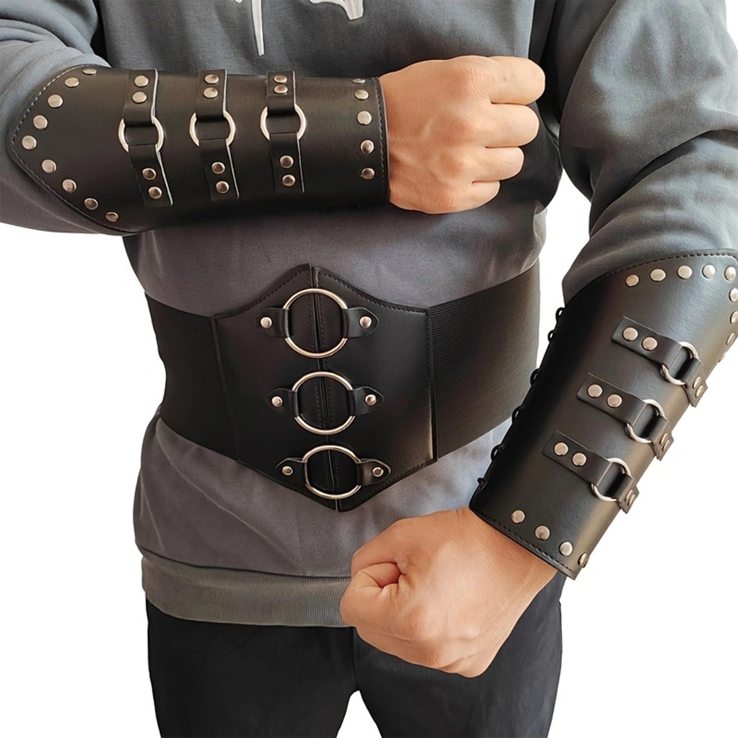 HHCSVJHS Unisex Medieval Leather Bracers with Adjustable Buckle Wristbands - Renaissance Arm Guards for Halloween Cosplay, Retro Battle Costume & Theme Parties (SH-black)