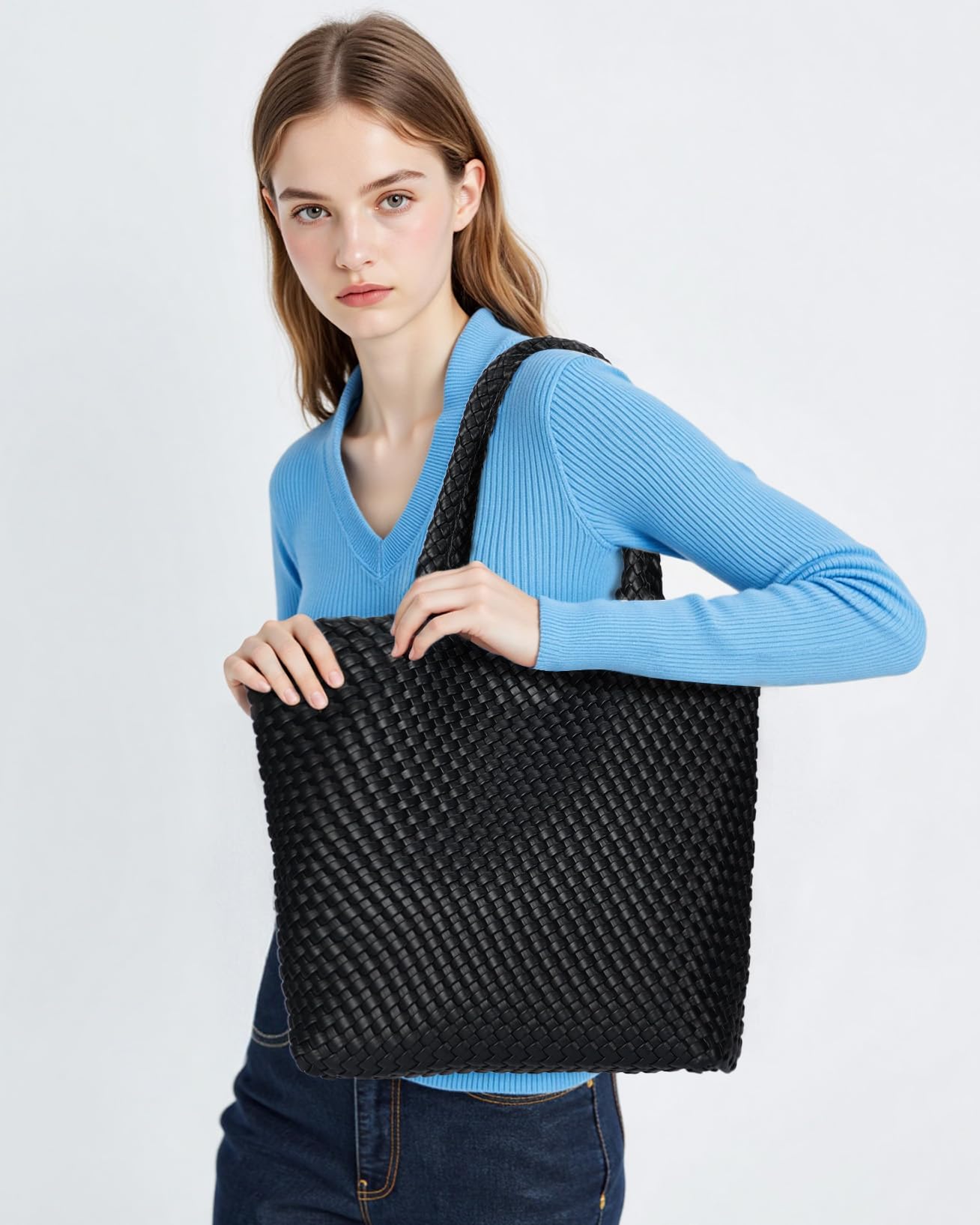 BAGOK Woven Tote Bag for Women, Handwoven Vegan Leather Shoulder Bag with Zipper Clutch, Large Tote Purse for Work, Travel, Beach & Weekend Getaway