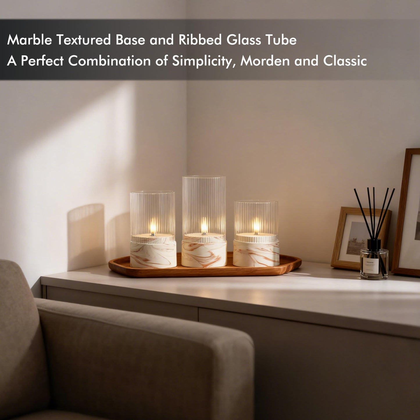 Fanna 3 Flameless LED Candles with Timer Function in Marble Texture, Battery Operated Glass Candles for Home Decor and Table Centerpieces, Cream and Burnt Orange Design - H 4" / 5" / 6"