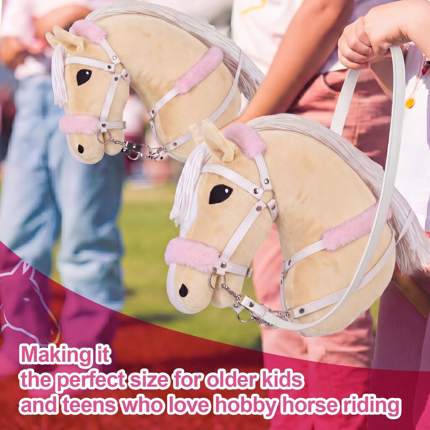 Shappy Hobby Horse Toy Accessories Realistic Horse Bridle with Metal Bit and Adjustable Reins, Faux Leather and Stainless Steel for Equestrian, Themed Events Competitions and Play (White, Pink)