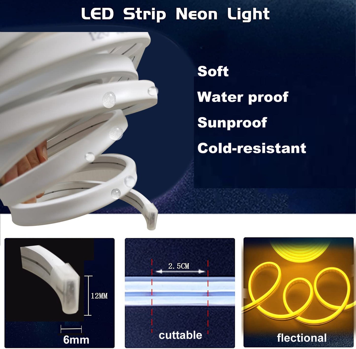 Maxlaxer White Neon LED Strip Lights, 16.4ft 12V Waterproof Flexible Light for Indoor/Outdoor Decoration (Includes Power Adapter)