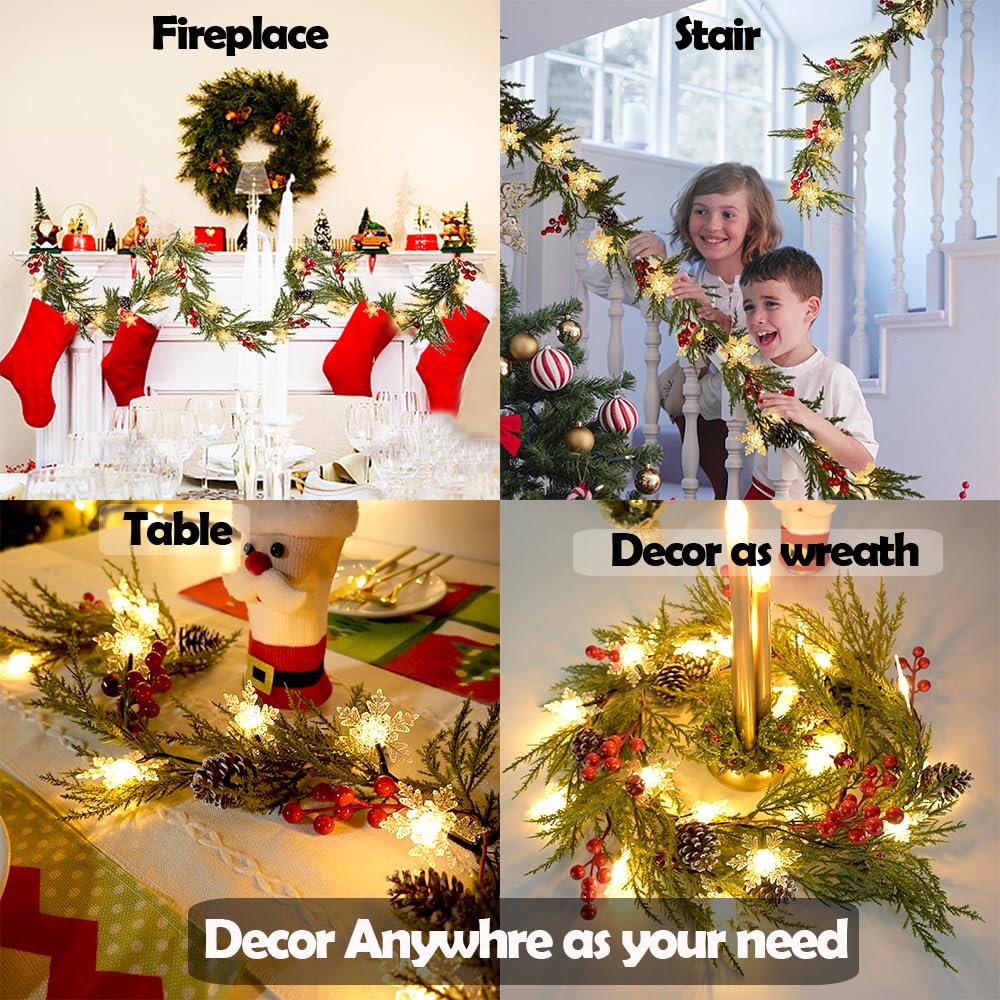 Christmas Garland Lights 6.56FT 20 Snow LED Pine Garland with Lights Battery Operated with Bells Red Berries Pinecones Cypress Greenery Garlands Decoration for Xmas Tree Mantle Door Stairs Home Decor