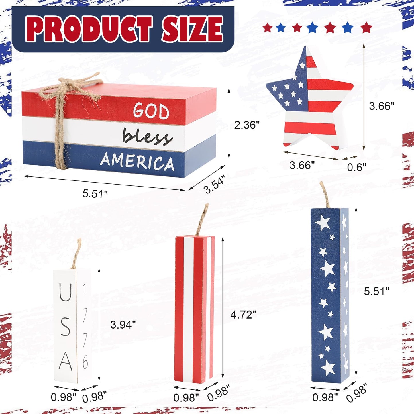 4th of July Decorations, 7 Pcs Patriotic Table Centerpieces Fourth of July Tabletop Decor Wood Faux Book Stack Star Sign Firecracker Farmhouse Decor for Tiered Tray Home Office Shelf Mantel