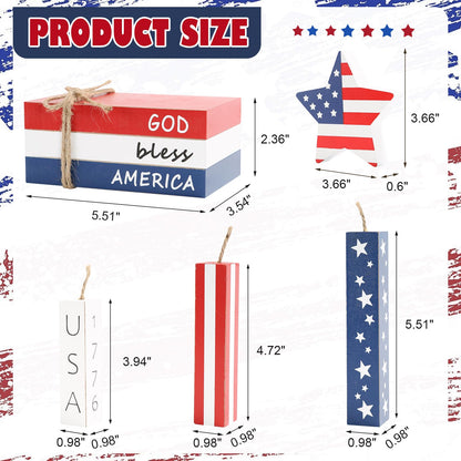 4th of July Decorations, 7 Pcs Patriotic Table Centerpieces Fourth of July Tabletop Decor Wood Faux Book Stack Star Sign Firecracker Farmhouse Decor for Tiered Tray Home Office Shelf Mantel