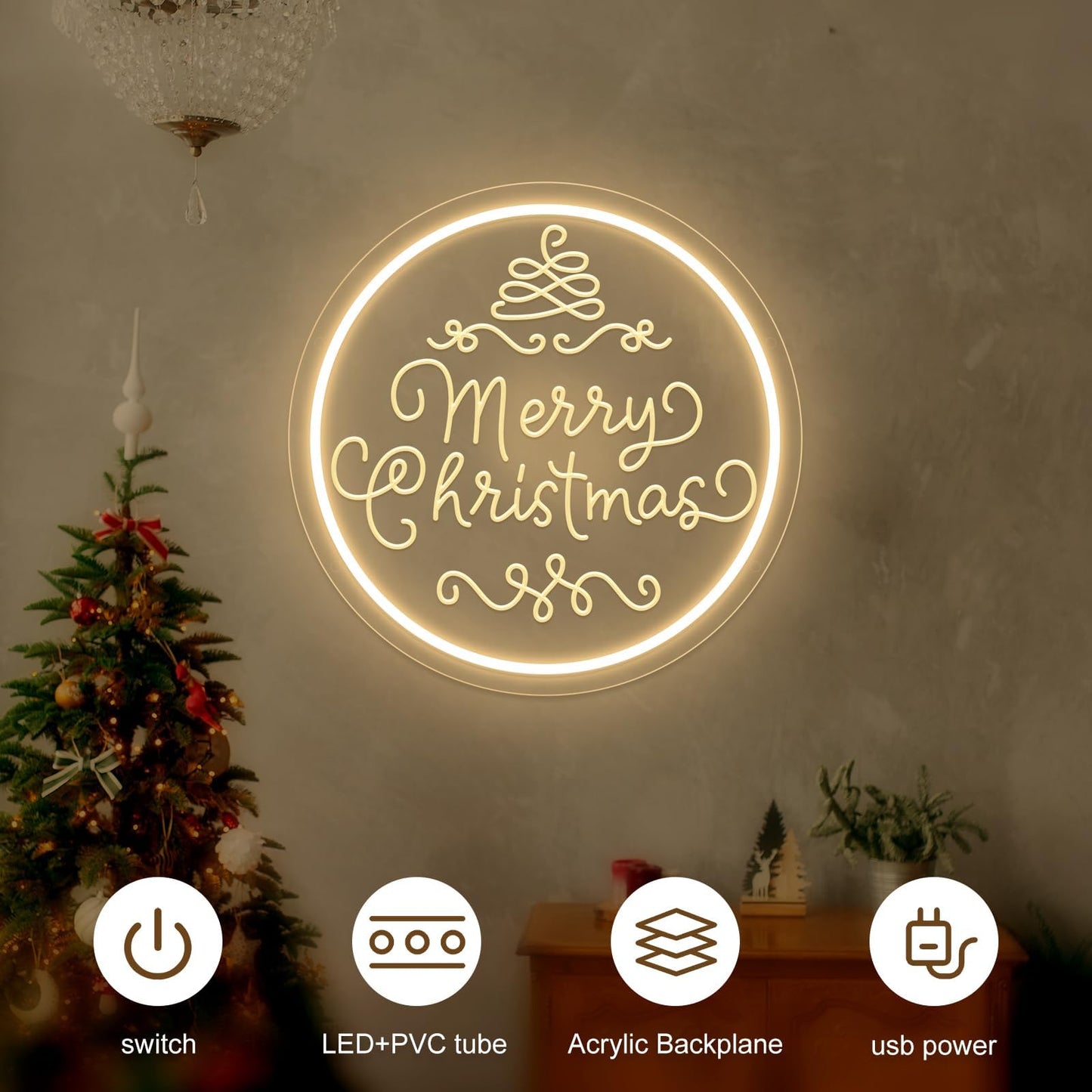 Merry Christmas Neon Sign Dimmable Merry Christmas LED Light Sign for Holiday Party Home Bar Decoration, USB Powerd Neon Light for Wall Decor Festival Celebration -30 * 30