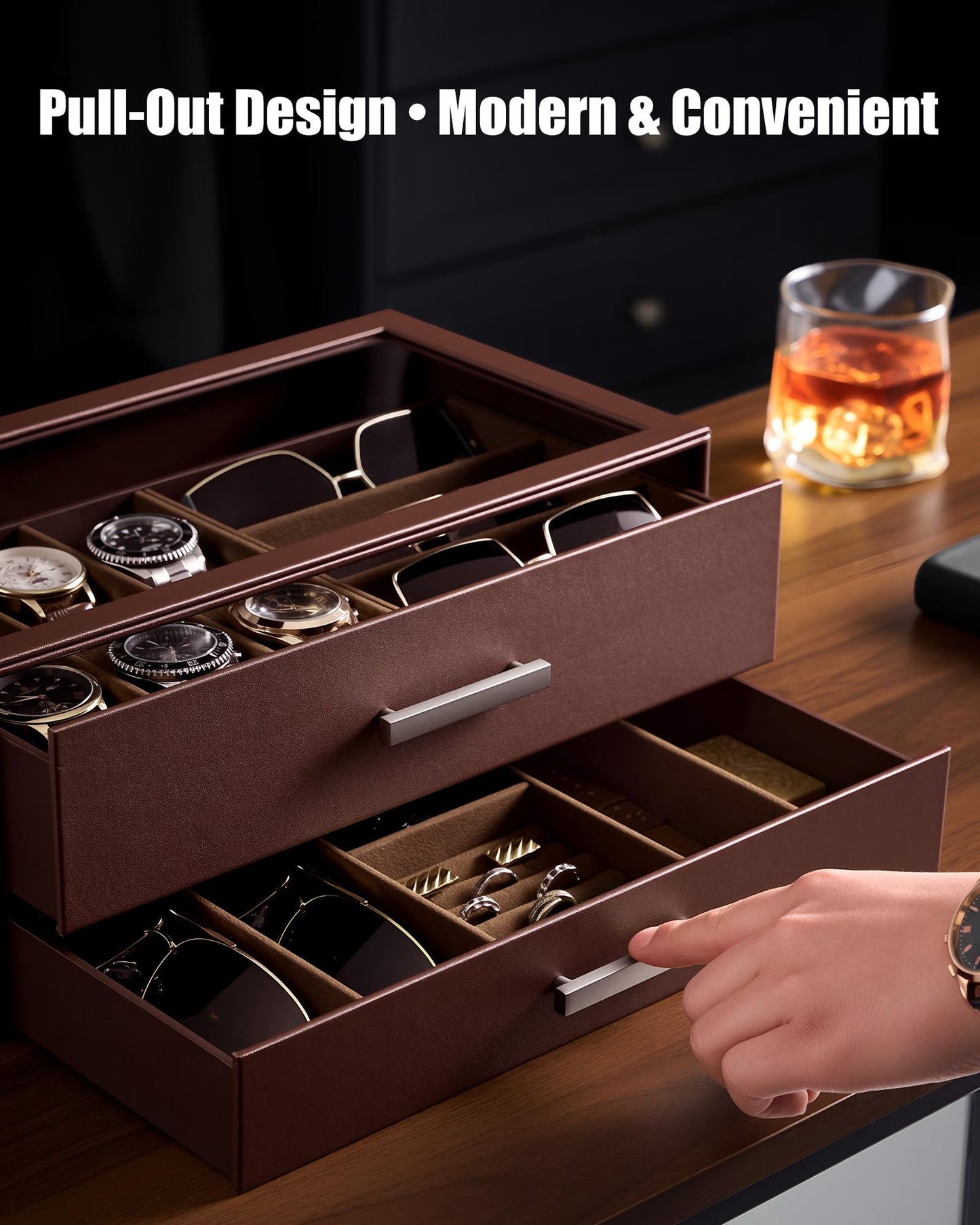 ProCase Mens Jewelry Box Pull-Out Drawer, 6 Slot Watch Case & 5 Slot Sunglasses Organizer, Fathers Day Gift for Dad, 2-Tier Leather Watch Box with Glass Display Top, Gift for Men & Women-Espresso