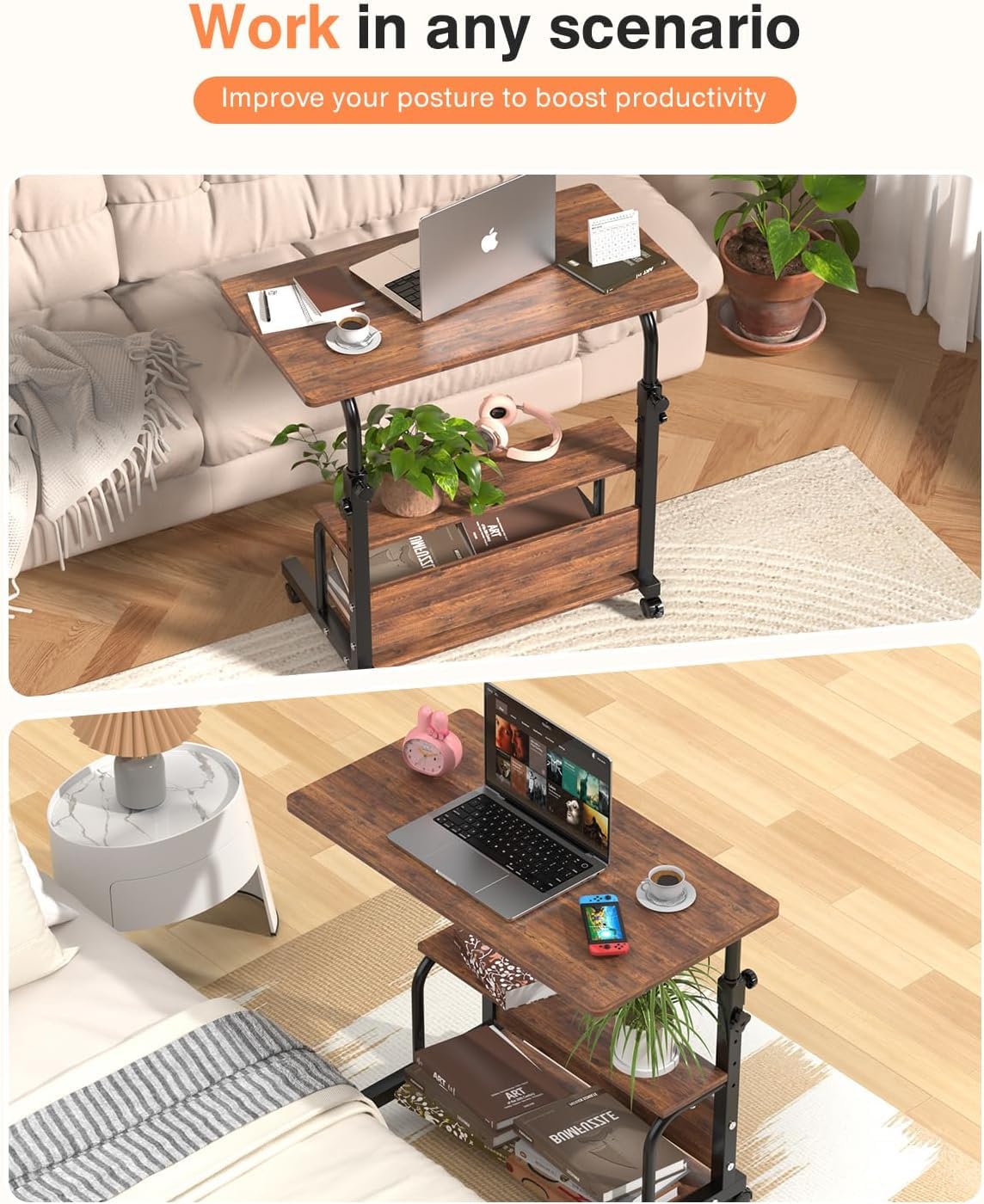 QZMDSM Portable Rolling Desk on Wheels Adjustable Height Desks for Small Spaces, 32" Computer Desk Drafting Tables with Storage Shelves for Home Office Rustic