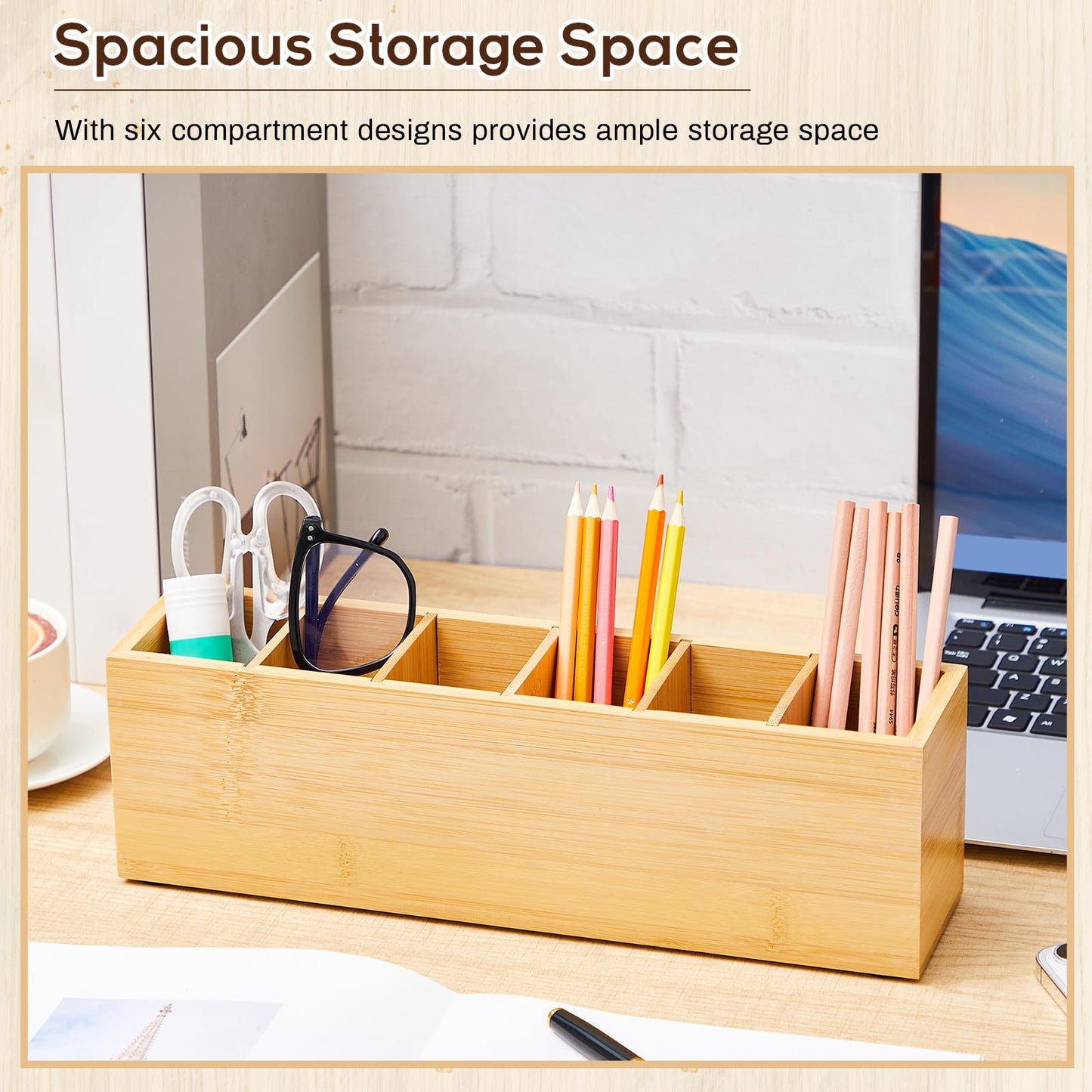 Jetec Wooden Pencil Pen Holder for Desk 6 Compartments Wood Office Desk Organizers for Countertop Adjustable Makeup Brush Organizer Silverware Caddy for Party, Home, Art Supplies(Bamboo)