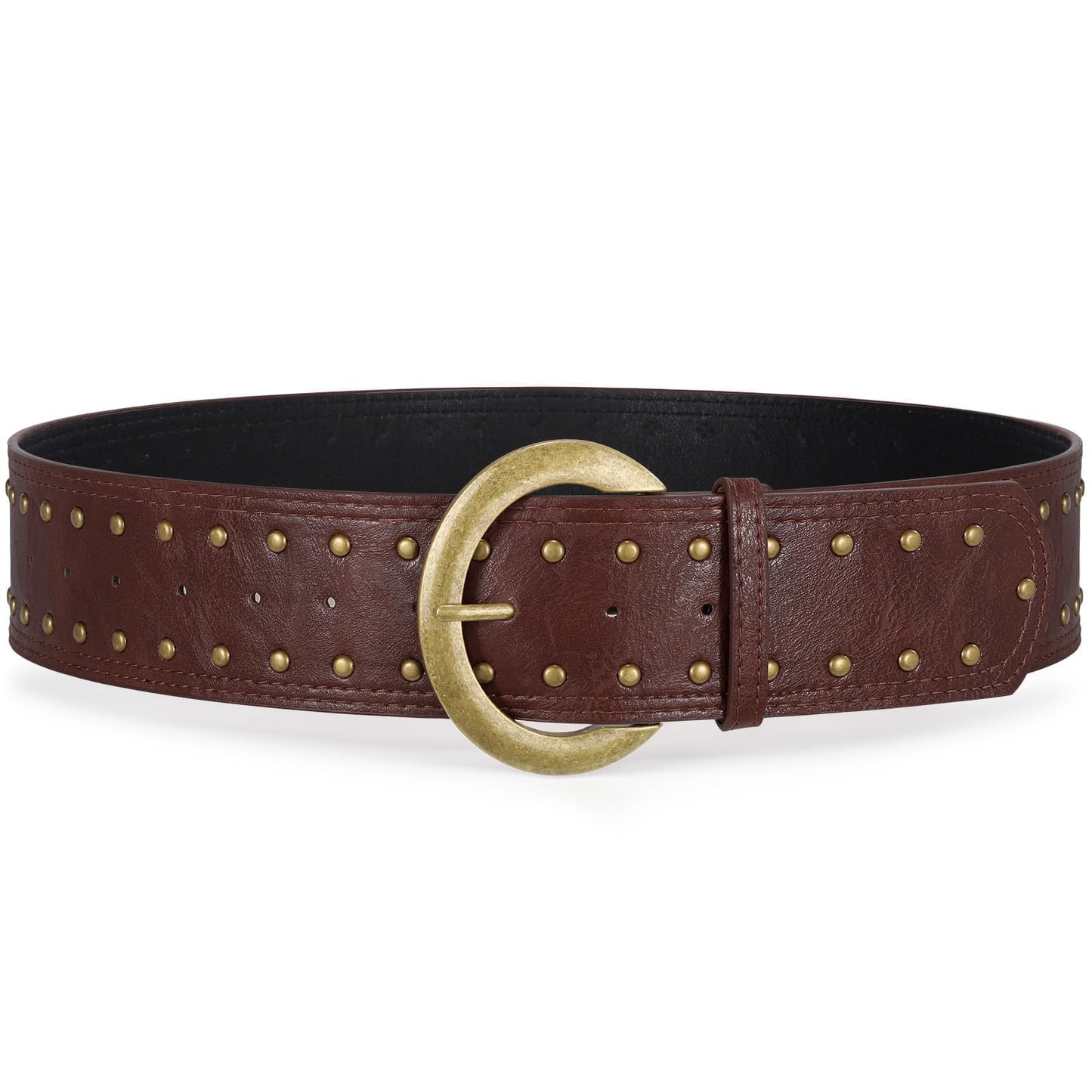 WOWOGO Dark Brown Wide Chunky Leather Belts for Women 2.3" Western Vintage Boho Studded Thick Waist Belt for Dresses