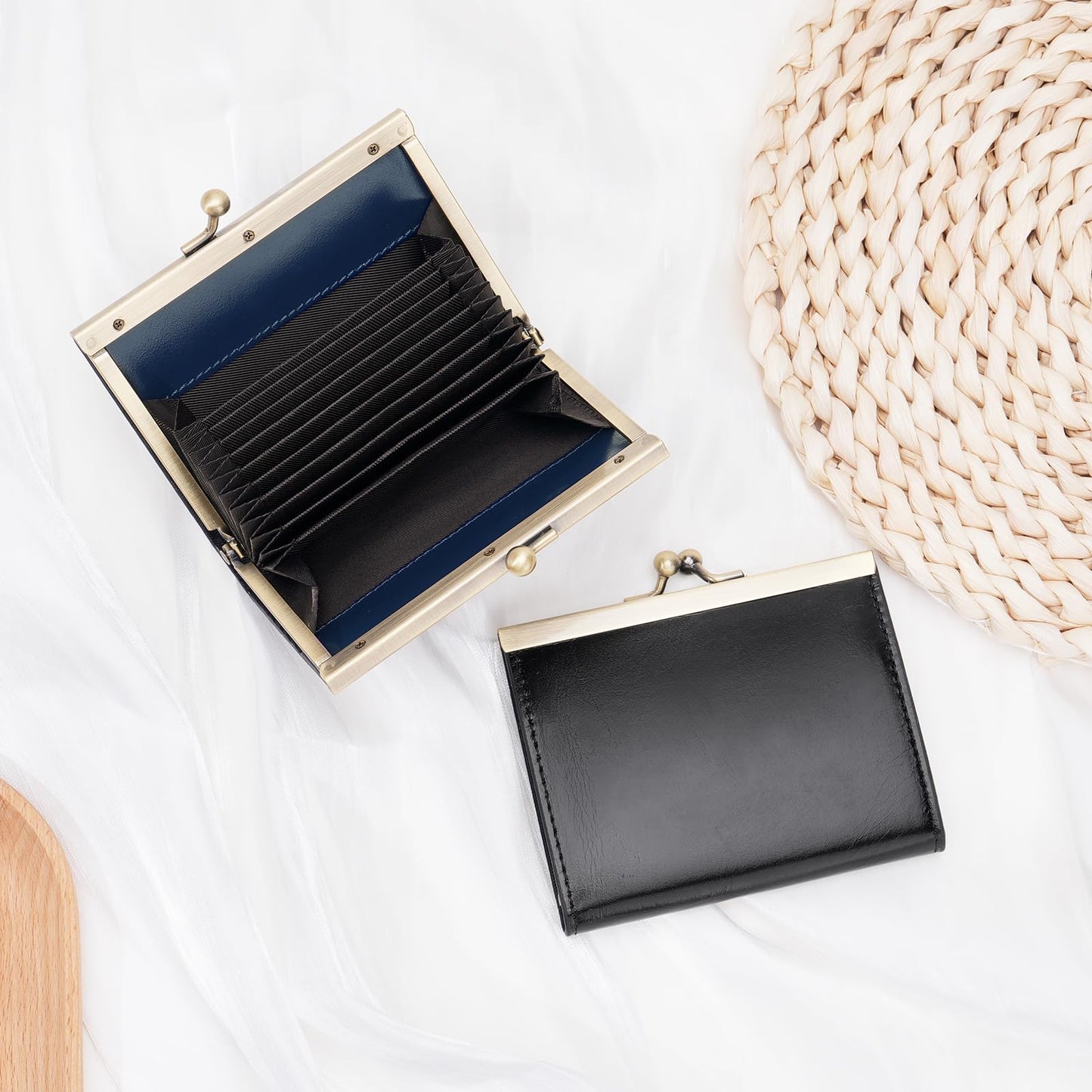 GOIACII Credit Card Holder Vintage Wallet for Women Genuine Leather Ladies Card Cases with Kiss Lock Small Black