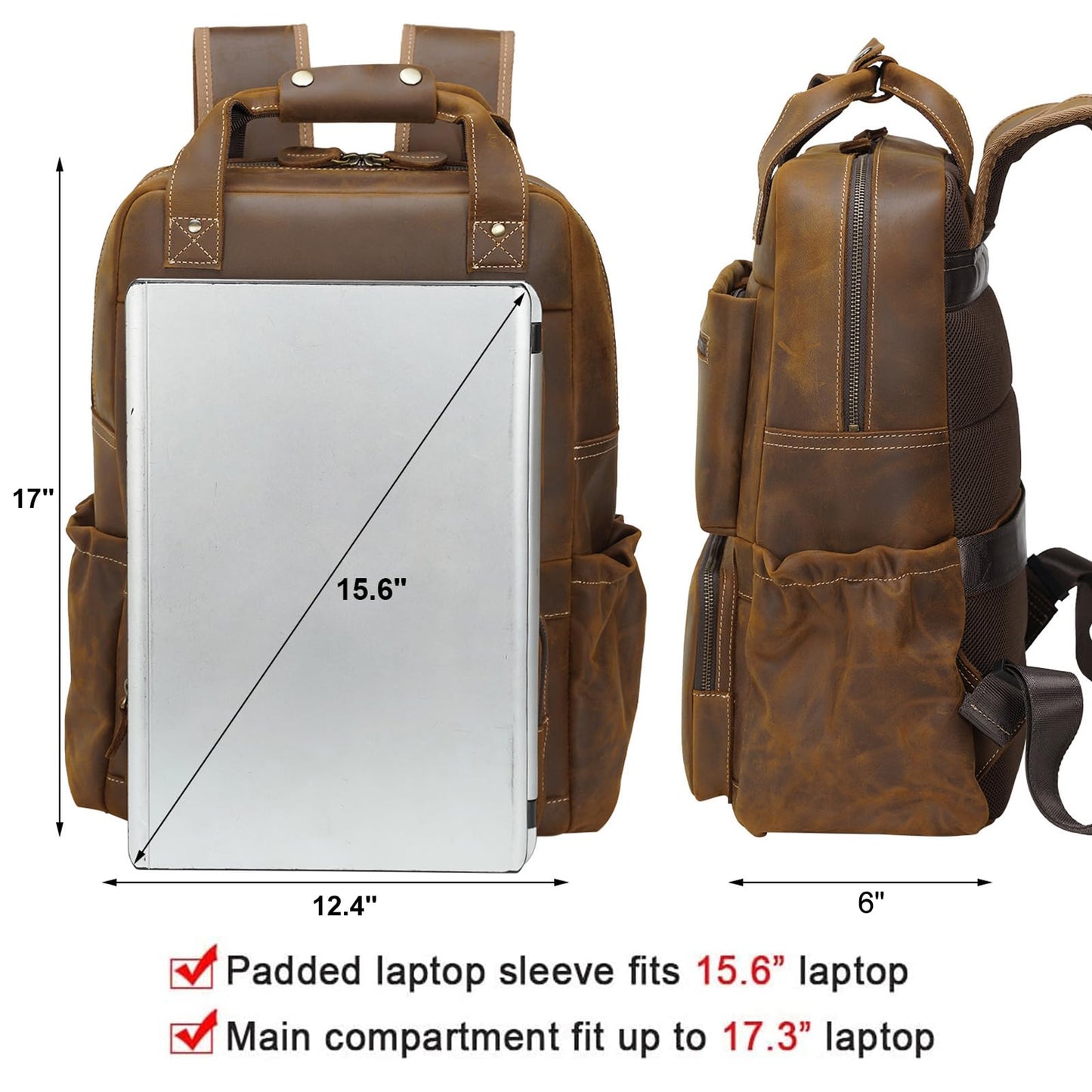 TIDING Brown Leather Laptop Backpack for Men, Vintage Business Casual Daypack Fits 15.6" 16" Computer, Large Weekender Travel Back Pack
