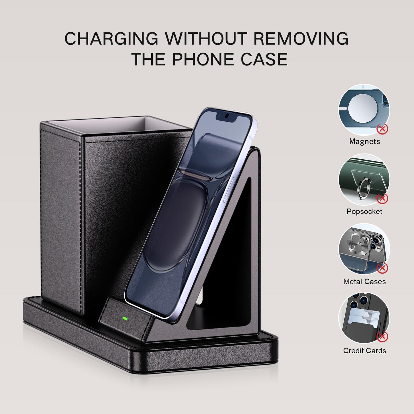 Multi-Functional Pen Holder for Desk,Black Vegan Leather Desk Organizers with Remote Control Holder,Pencil Holder for Desk,Desk Organizer with Phone Wireless Charger for Office/Nightstand/Endtable