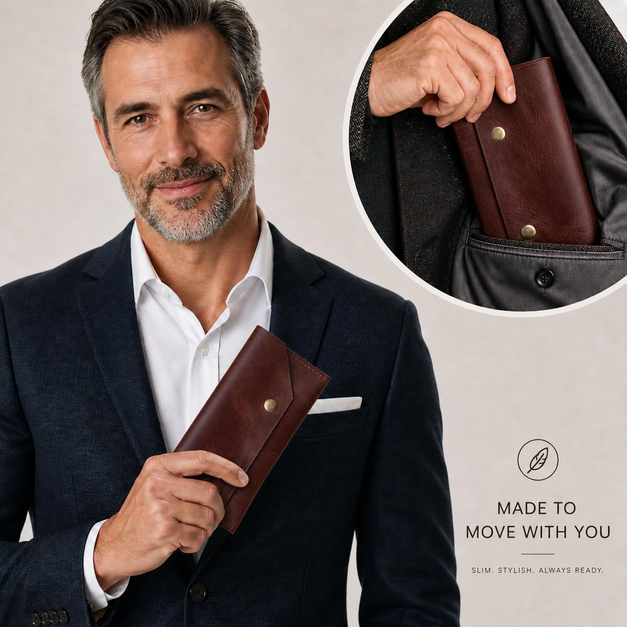 ZEMARS Genuine Leather Cash Envelope Wallet, Two Snap Money Pouch for Men and Women, Reusable Budget Envelope Wallet, Slim Organizer for Cash, Cards, Receipts, Checks and Keys (Cognac)