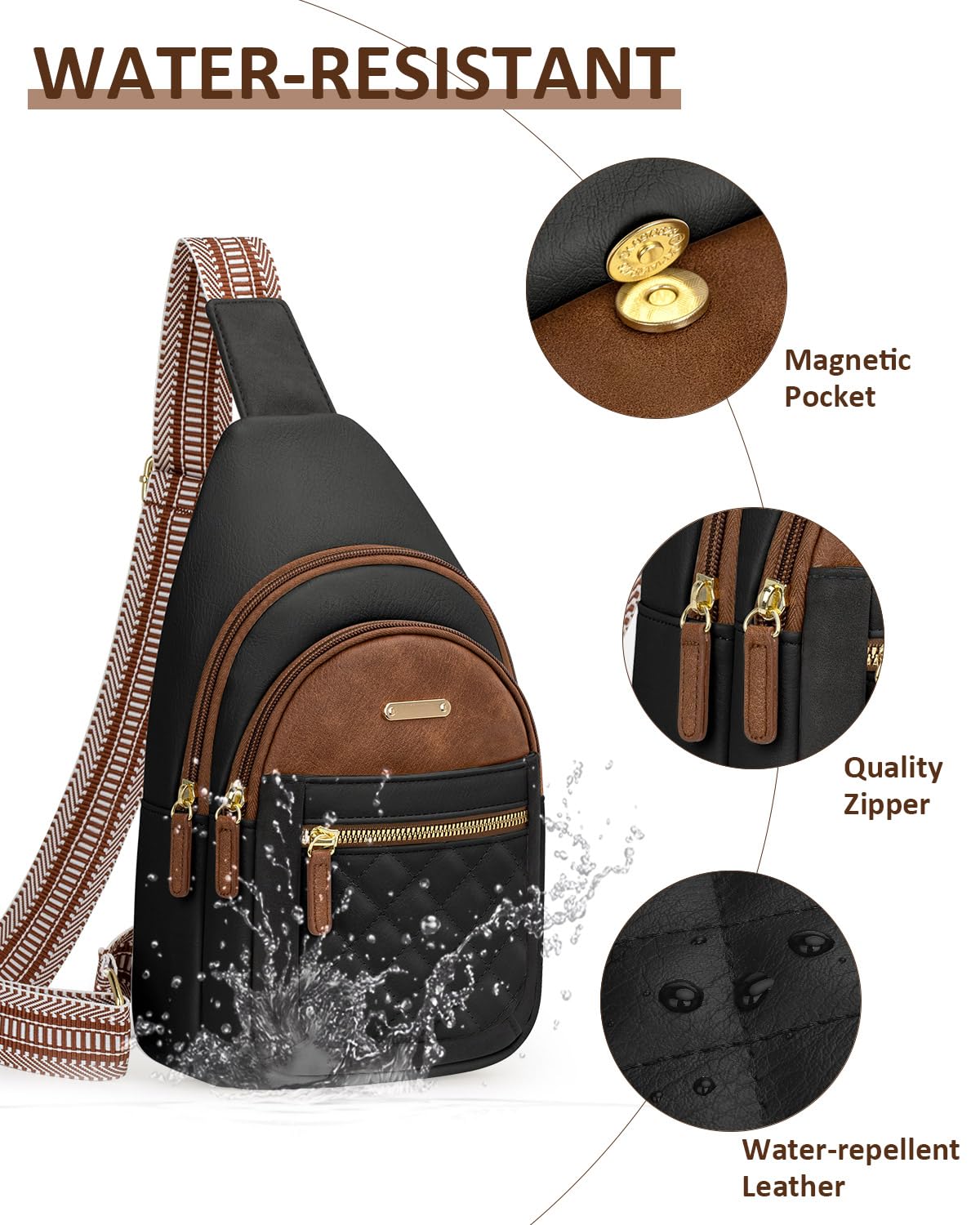 Capolo Crossbody Bag for Women, Adjustable Leather Chest Sling Bag with Multi-Compartment for Daily Use, Travel, Gift, Black With Brown