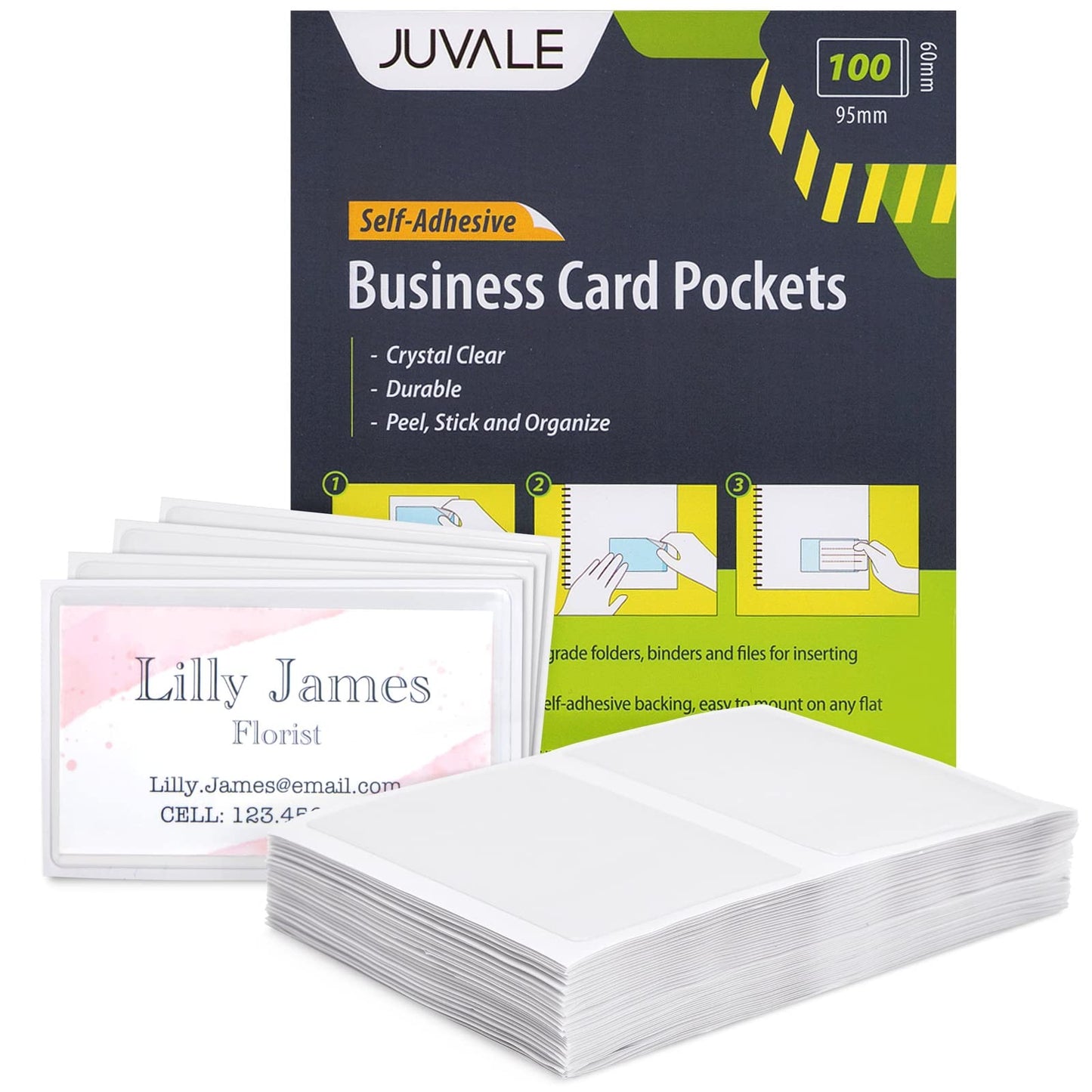 Juvale Business Card Holder Sleeves - Secure Adhesive Pockets - Index Card Holder for Notes - Storage Bin Labels & Clear Pocket Sleeves - Clear Plastic, 3.75 x 2 in, Pack of 100