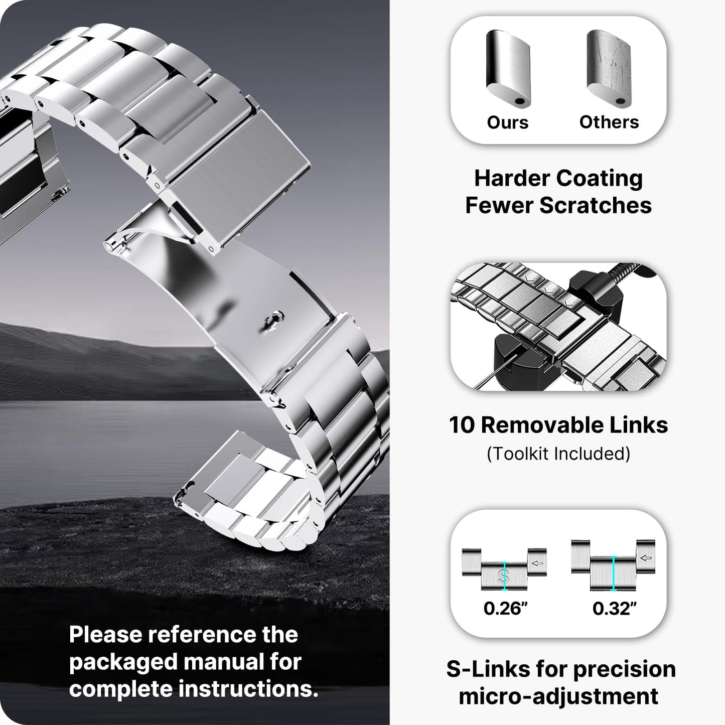 Fullmosa Stainless Steel Watch Band 16mm 18mm 19mm 20mm 22mm 24mm, Quick Release Metal Replacement Strap with Removable Links, Includes Spring Bars & Link Removal Tool for Men Women (22mm, Silver)