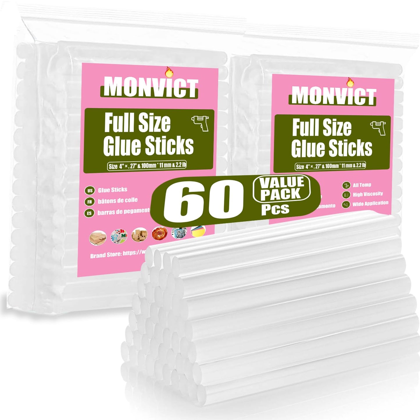Hot Glue Gun Sticks, 60 Pack MONVICT Glue Sticks with 4" Long 0.43” Diameter, Craft Hot Glue Pastes All Purpose Hot Melt Glue Sticks for Most Glue Guns, Clear Glue Sticks for DIY, Arts & Crafts