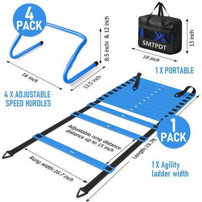 SMTPDT Speed and Agility Training Equipment: 5 Adjustable Agility Hurdles. 20ft Agility Ladder, Soccer Training Equipment Set for Kids Youth Adults (Blue)