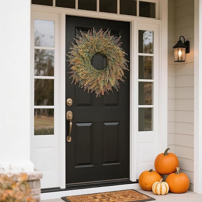 26'' Large Fall Wreath for Front Door, Porch, Window- Artificial Fern Leaves and Faux Wheat Grass Outdoor Autumn Wreath for Home, Farmhouse Wall Thanksgiving Day Harvest Festival Decor