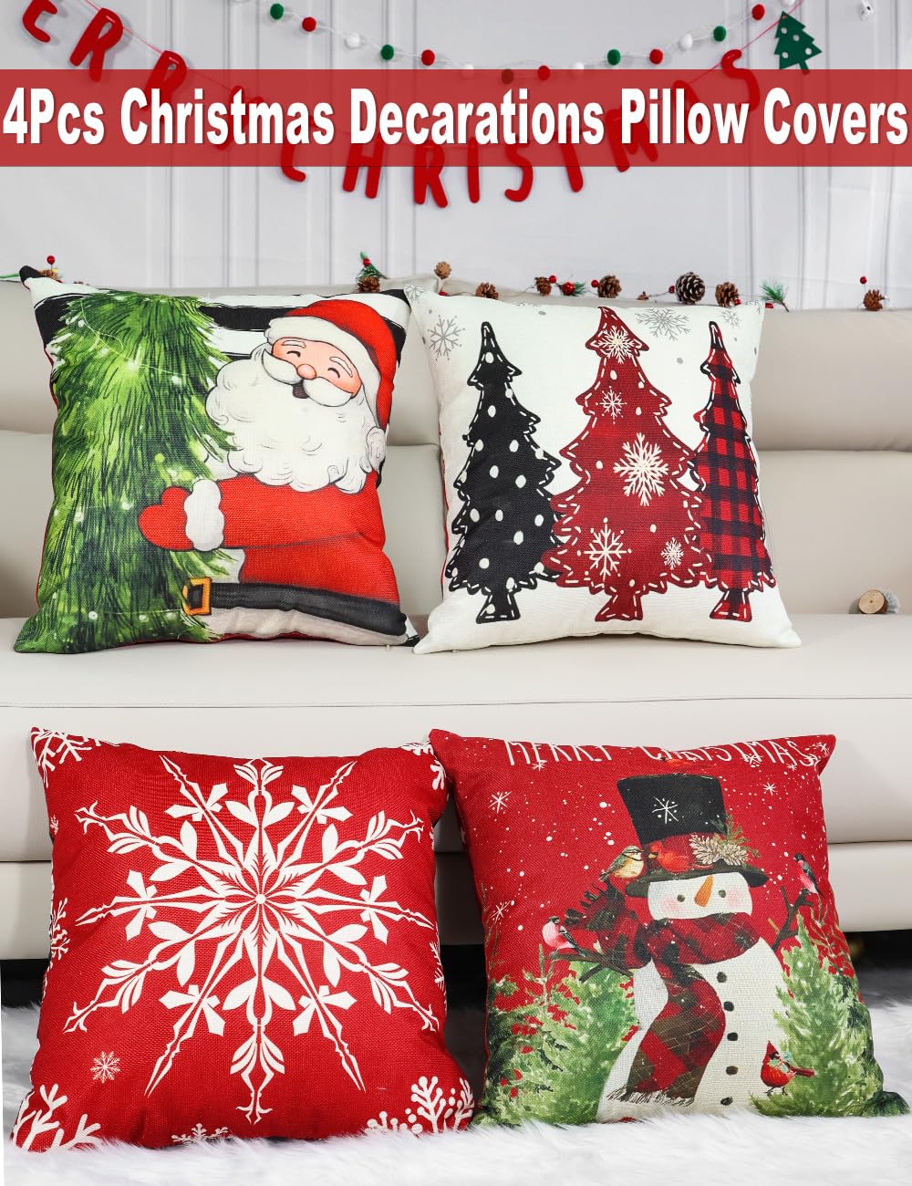 Double-Sided Print Christmas Pillow Covers 16''x16'', Set of 4, 8 Christmas Patterns Christmas Tree, Snowman, Snowflakes, Merry Christmas, Deer, Santa Claus,Truck, Let It Snow, Soft Linen Material