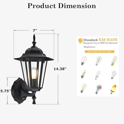 GRUENLICH Dusk to Dawn Outdoor Wall Sconce, Exterior Front Porch Lighting with Clear Glass, Black Aluminum Outside Coach Light for Patio Doorway Garage, 2 Pack
