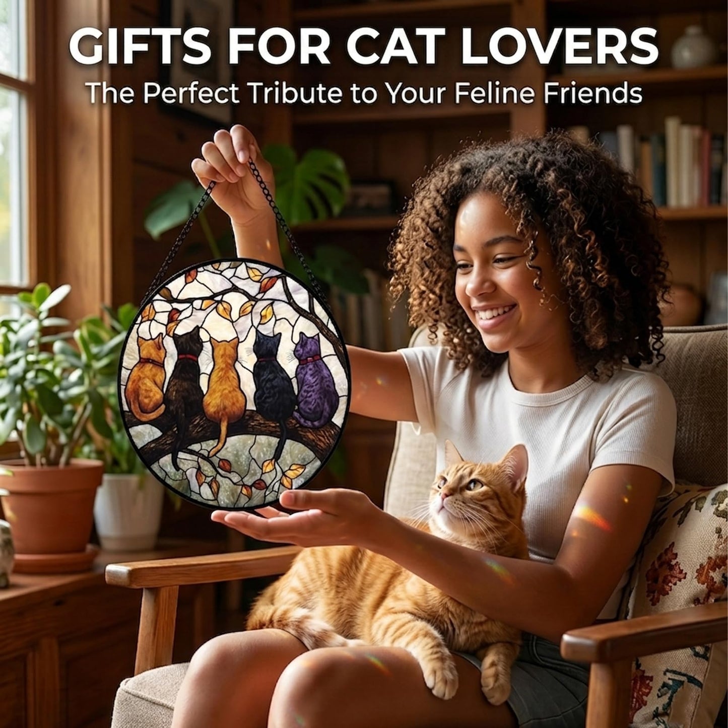 Birthday Gifts for Women - The 5 Cats in the Tree Faux Stained Glass Window Hanging Sun Catcher Mother's Day for Mom Nana Friend Grandma Wife and Door Garden Acrylic Home Decor 7.8"