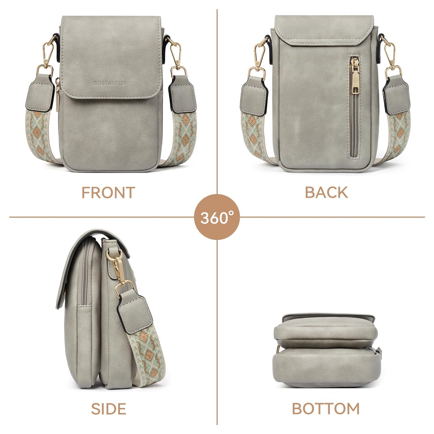BOSTANTEN Small Crossbody Bags for Women Cell Phone Purse Leather Wallet Handbags with Card Slots Grey