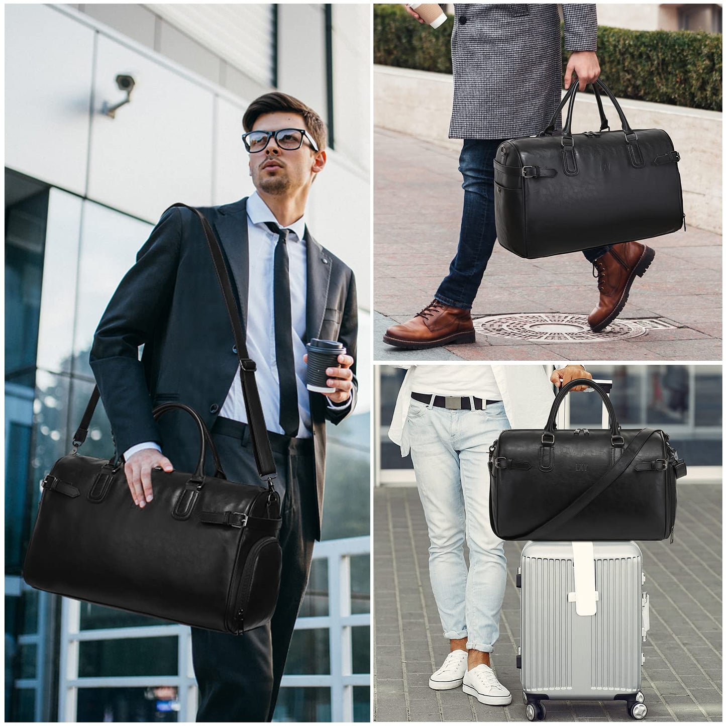 Vegan Leather Duffle Bag, LXY Travel Duffle Weekender Bag with Shoe Compartment, Duffel Overnight Gym Bags for Women Men Black